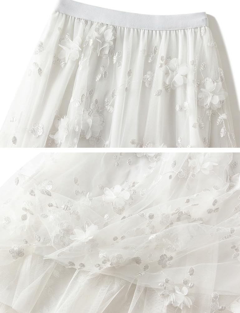 Womens Floral Midi Skirt High Waisted A Line Cute Layered Fairy Mesh Tulle Pleated Skirt - Image 2