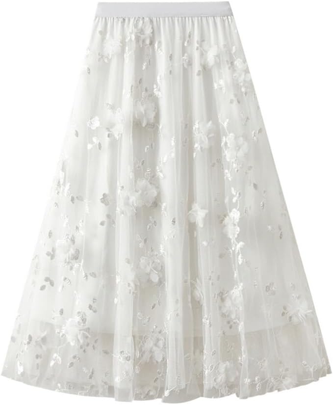 Womens Floral Midi Skirt High Waisted A Line Cute Layered Fairy Mesh Tulle Pleated Skirt