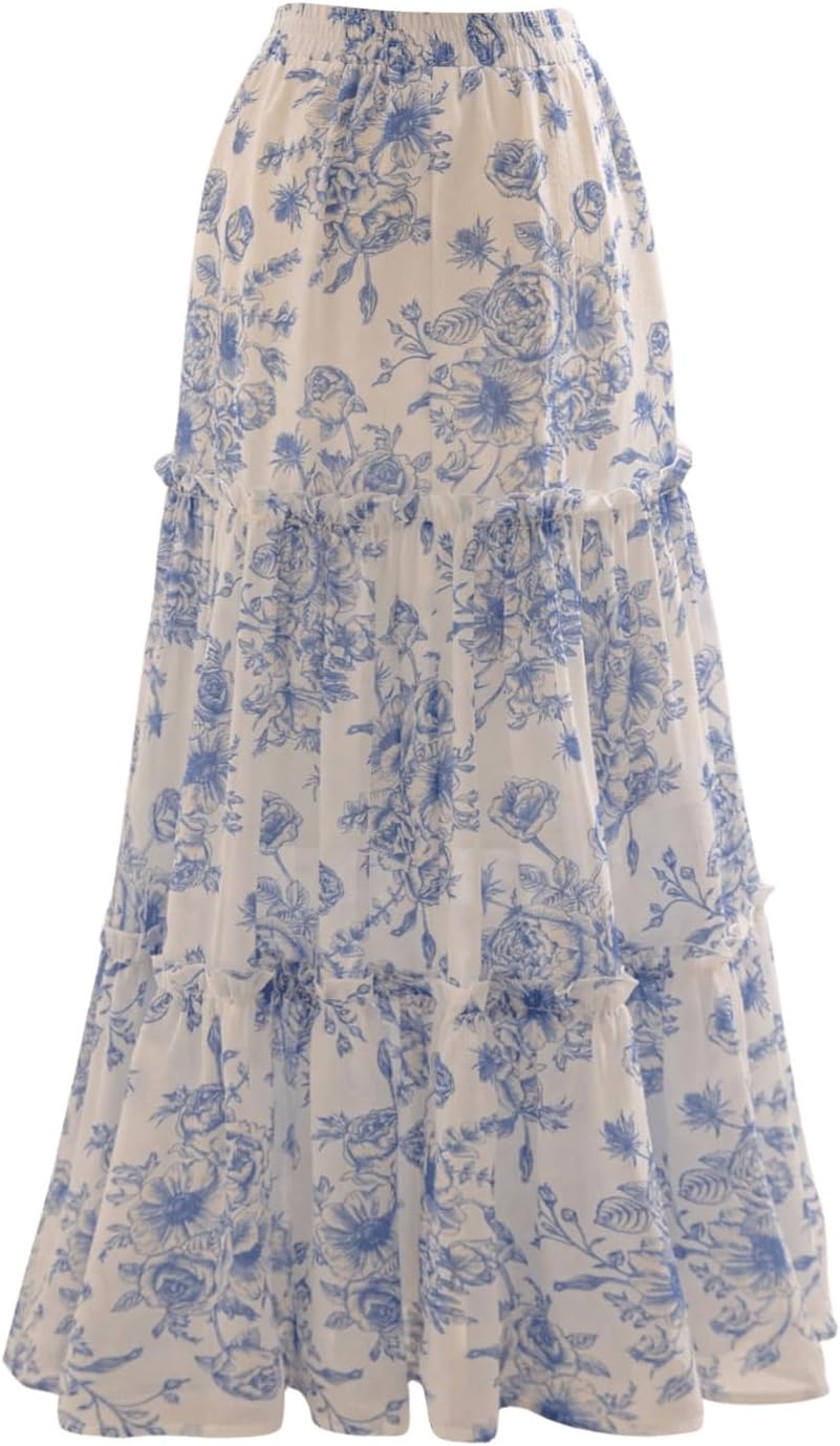 Women's Floral Print Tiered Layered Long Skirt High Rise Ruffled Maxi Skirt