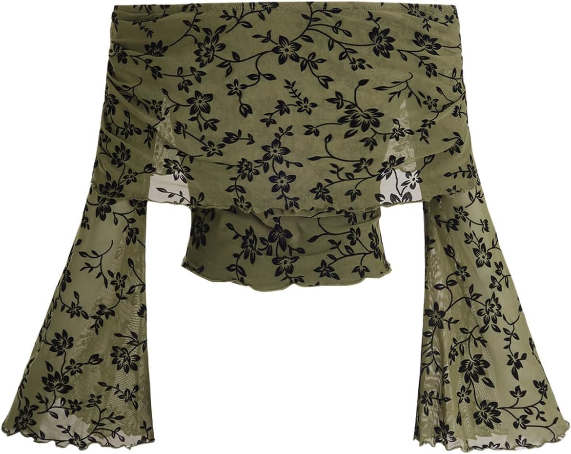 Women's 70s Off The Shoulder Renaissance Tops Bell Flared Sleeve Floral Fairycore Mesh Crop Tops - Image 2