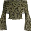 Women's 70s Off The Shoulder Renaissance Tops Bell Flared Sleeve Floral Fairycore Mesh Crop Tops