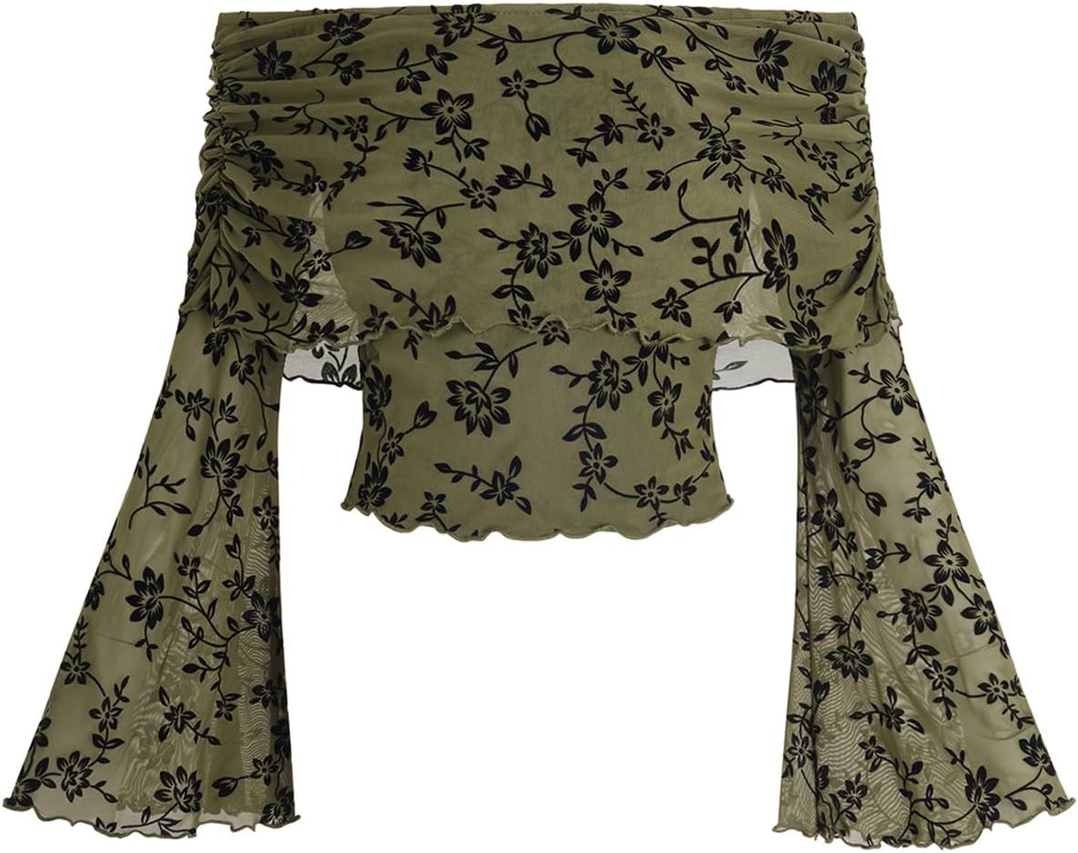 Women's 70s Off The Shoulder Renaissance Tops Bell Flared Sleeve Floral Fairycore Mesh Crop Tops