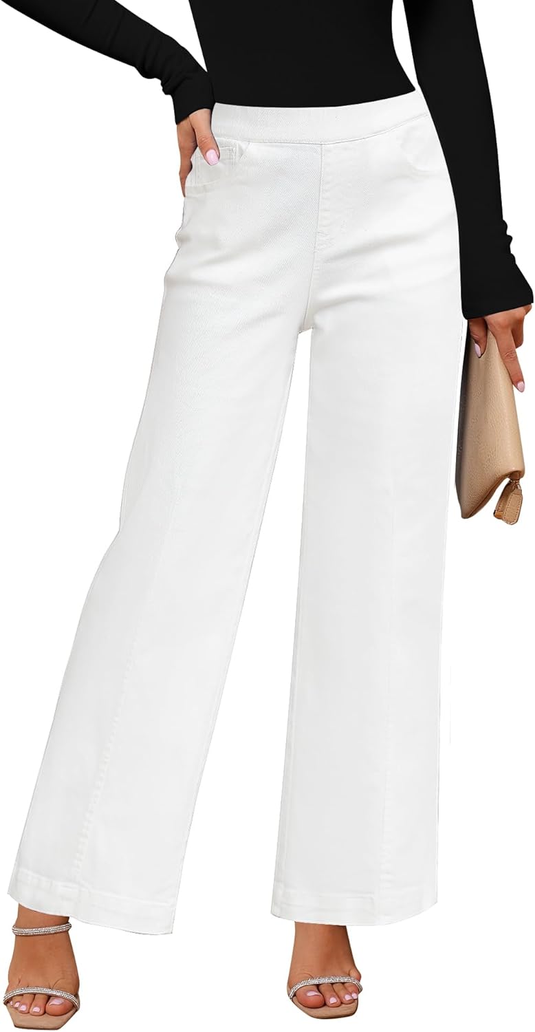 Pull On Womens Jeans Baggy Stretchy High Waisted Denim Wide Leg Trouser Pants Trendy Front Seam 90s Loose Jean