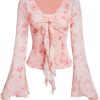 Women's Bell Long Sleeve Floral Print Mesh Tie Front Lettuce Trim Tee Shirt Top