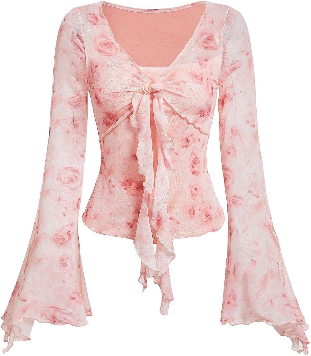 Women's Bell Long Sleeve Floral Print Mesh Tie Front Lettuce Trim Tee Shirt Top