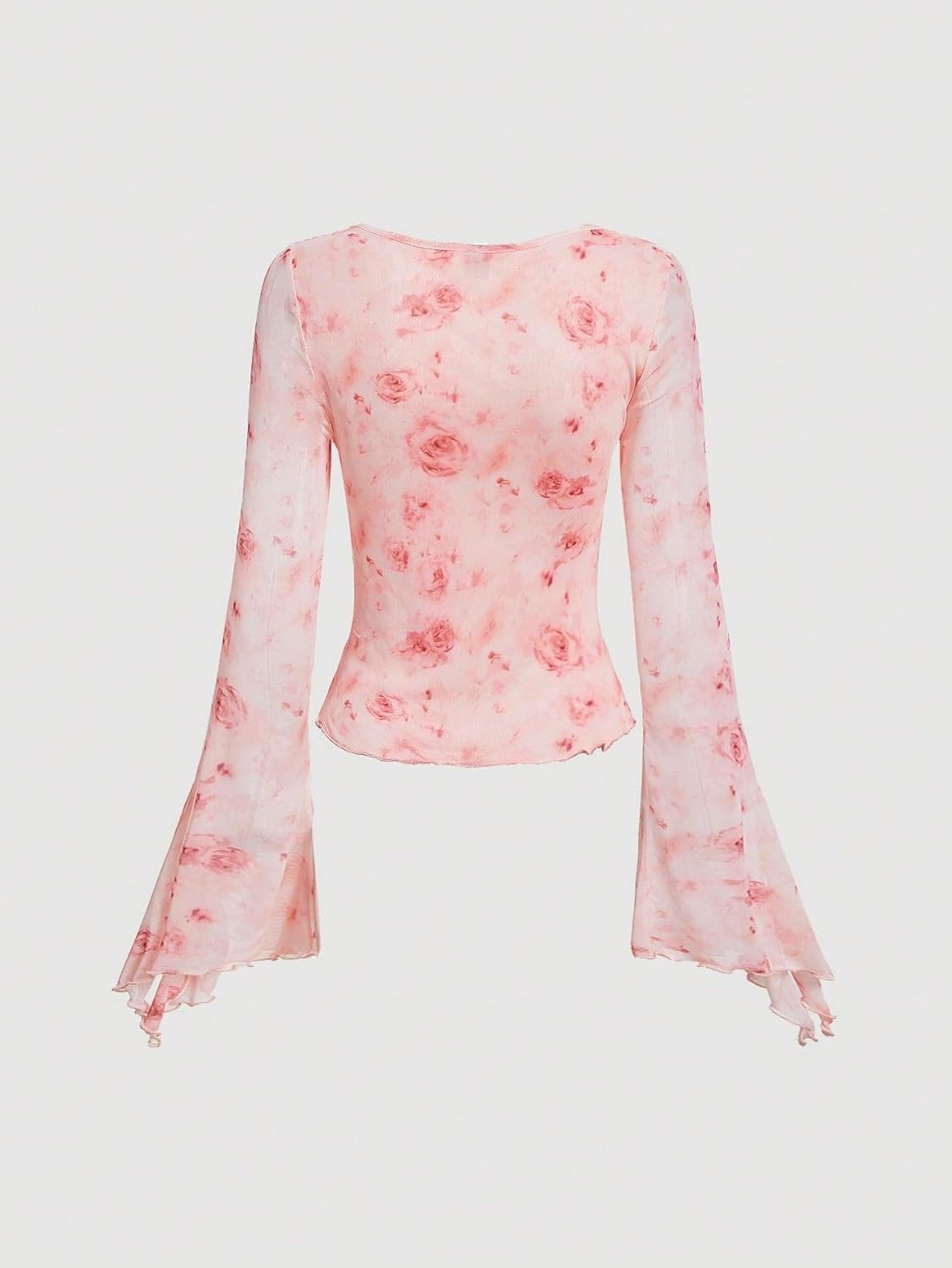 Women's Bell Long Sleeve Floral Print Mesh Tie Front Lettuce Trim Tee Shirt Top - Image 2