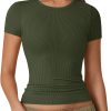 Women Short Sleeve Shirts Lightweight Thermal Tops Ribbed Knitted Outfit Tees Soft Crew Neck Undershirt Basic Clothes