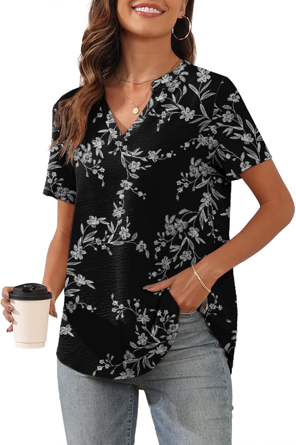 Women's Summer Chiffon Blouses Short Sleeve V Neck Tshirts Casual Loose Flowy Dressy Tops for Leggings Blouse