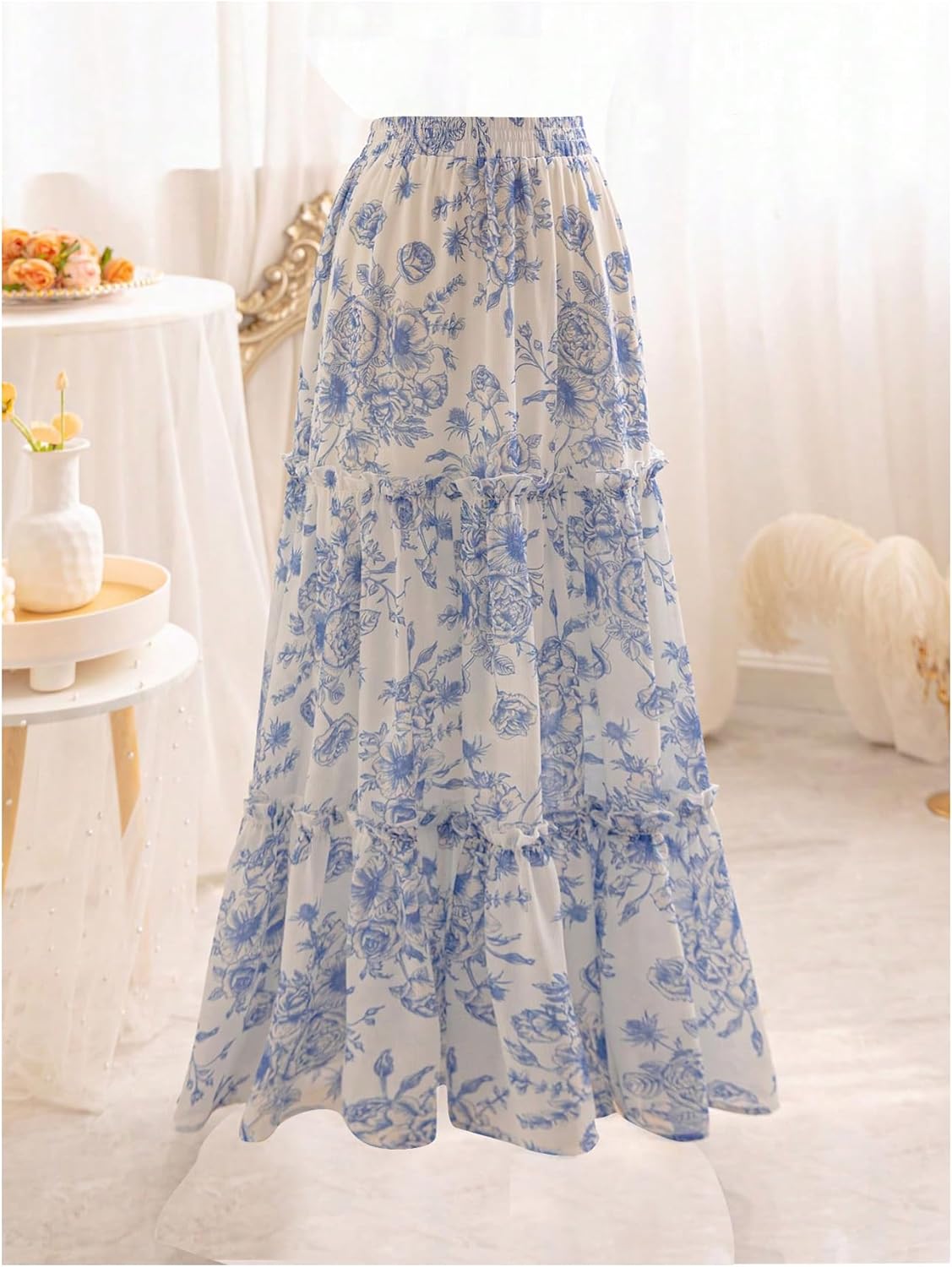 Women's Floral Print Tiered Layered Long Skirt High Rise Ruffled Maxi Skirt - Image 2