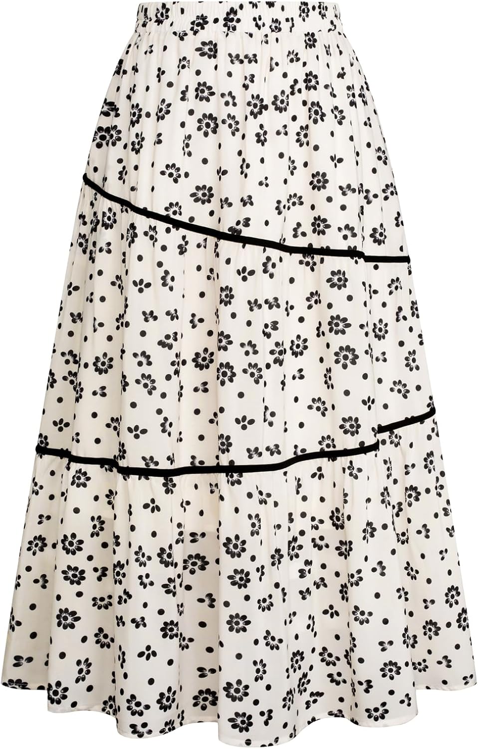 Long Skirt for Women Elastic High Waisted Flowy Skirts Boho Tiered Asymmetrical Skirts with Pockets