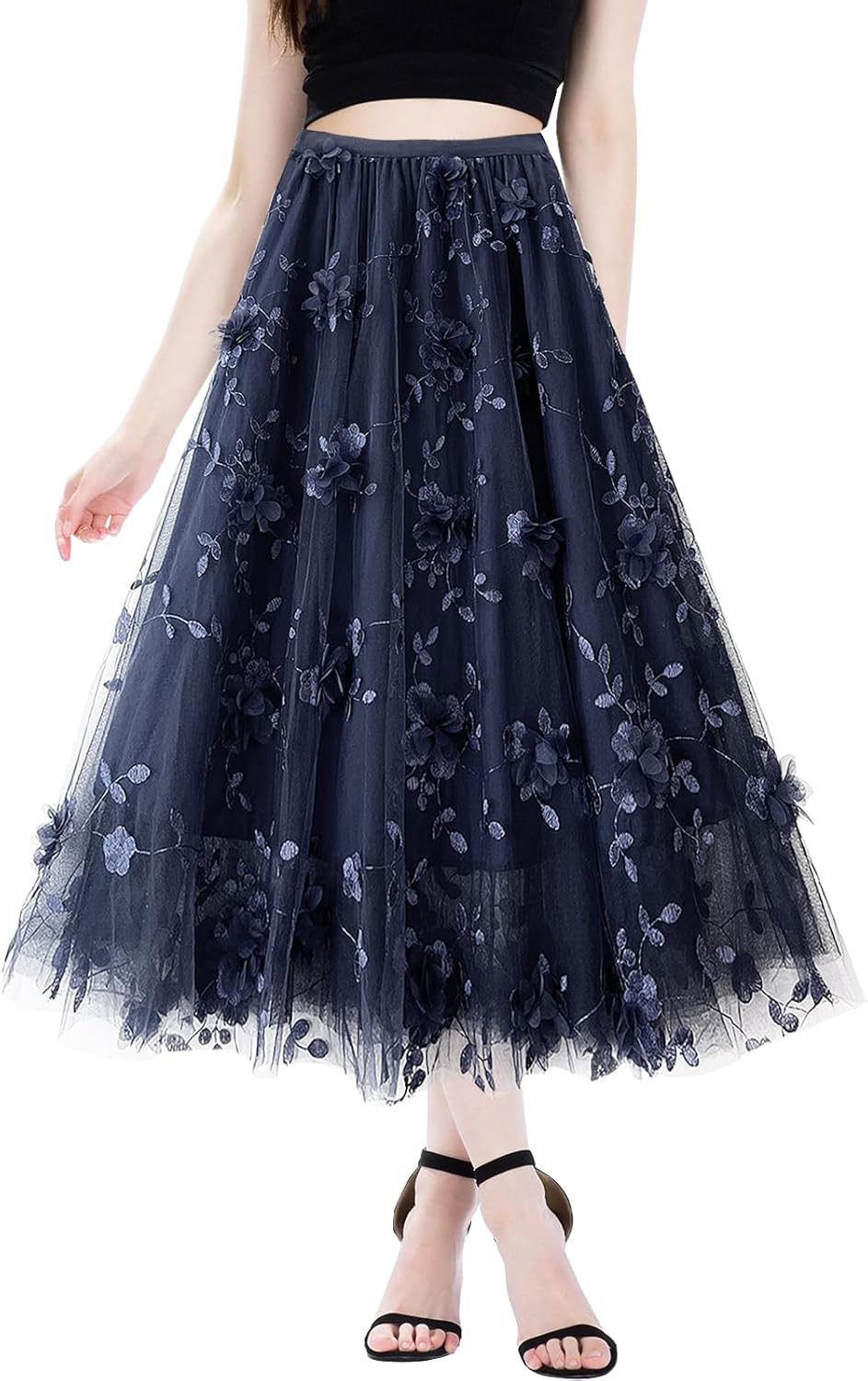 Women's A Line Tulle Midi Skirt Tutu Tiered Petticoat Skirts Tea-Length Elastic Waist Tutu Skirts - Image 2