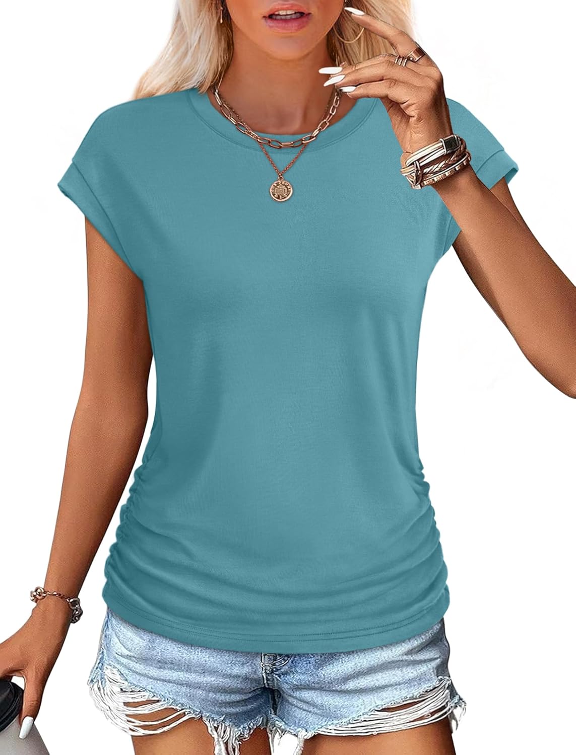 Womens Summer Tops Trendy Ruched Cap Short Sleeve Tshirts Shirts Crew Neck T Shirts Fashion - Image 2