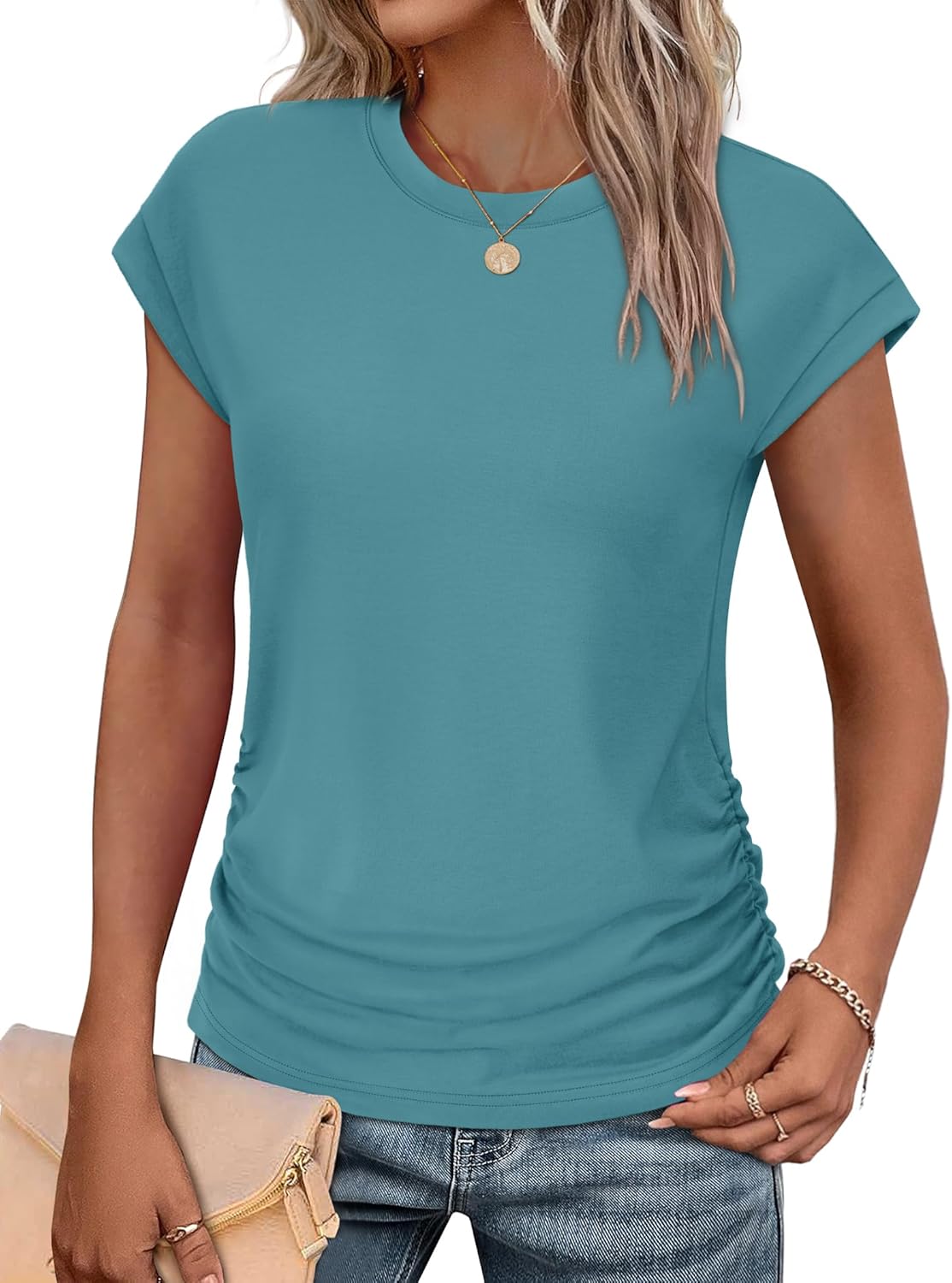 Womens Summer Tops Trendy Ruched Cap Short Sleeve Tshirts Shirts Crew Neck T Shirts Fashion