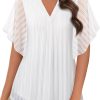 Women's Short Sleeve V Neck Blouses Shirts Floral Double Layers Mesh Tunics Tops