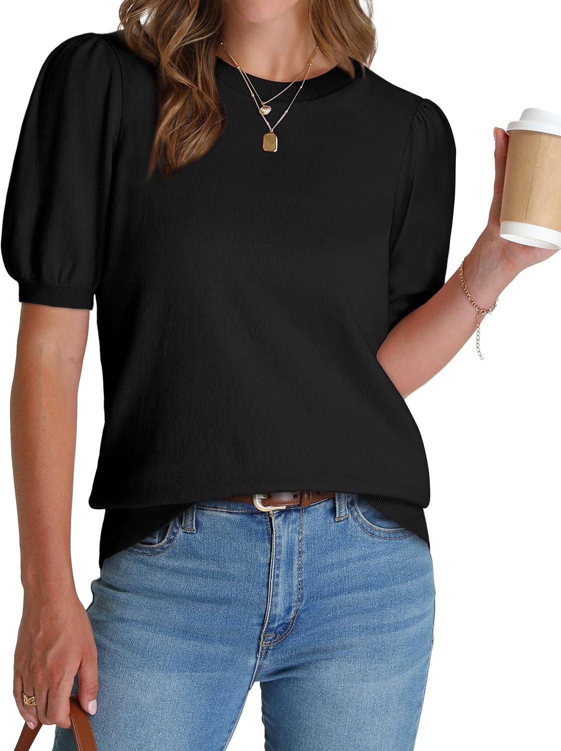 Women's Puff Short Sleeve Sweater Spring Summer Tops Trendy Business Casual Outfits Work Blouses Clothes