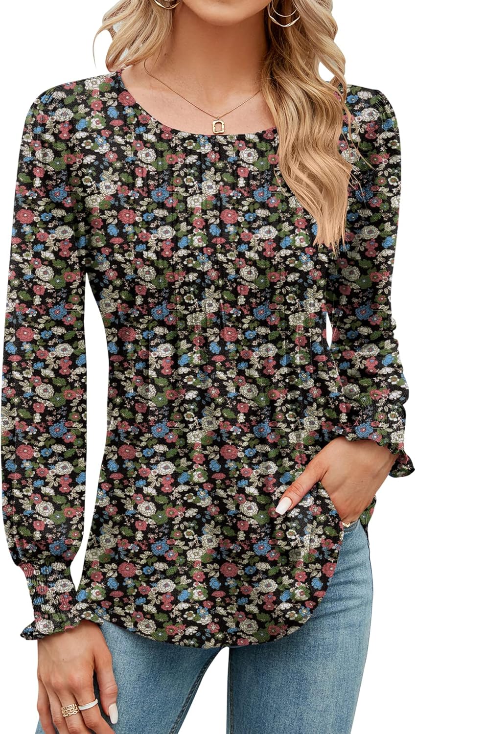 Women's Fall Puff Long/Short Sleeve Tunic Tops Pleated Crew Neck Shirts Blouses Casual Loose T-Shirts