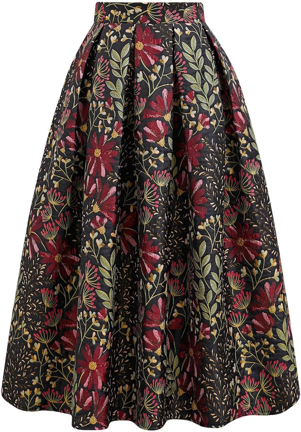 Women Daisy Field Pleated Midi Skirt Printed A-Line Casual High Waist Swing Flared Vintage Skirts with Pockets
