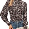 Womens Mock Neck Puff Long Sleeve Tops Casual Loose Solid Basic T Shirt Button Cuffs Pullovers Shirts Blouse