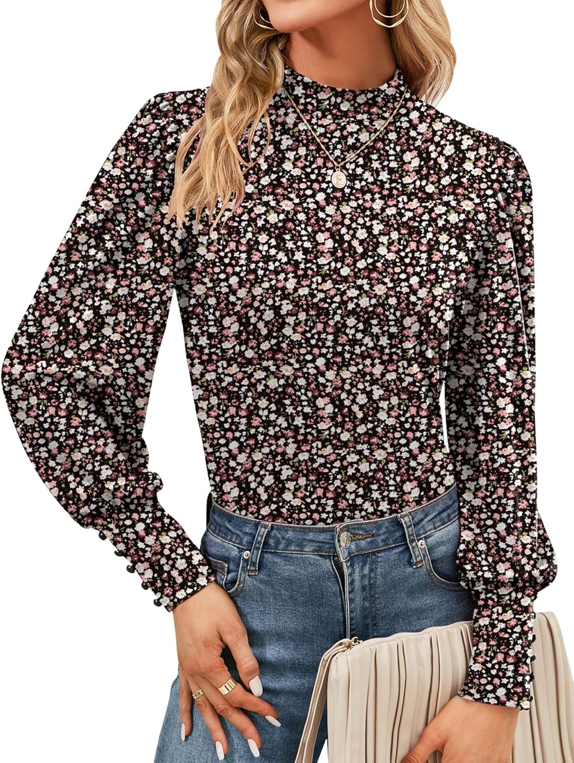 Womens Mock Neck Puff Long Sleeve Tops Casual Loose Solid Basic T Shirt Button Cuffs Pullovers Shirts Blouse