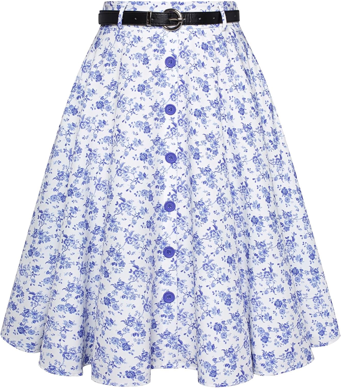 Women's Vintage Stretch High Waist A-Line Flared Midi Skirts with Pockets & Belts