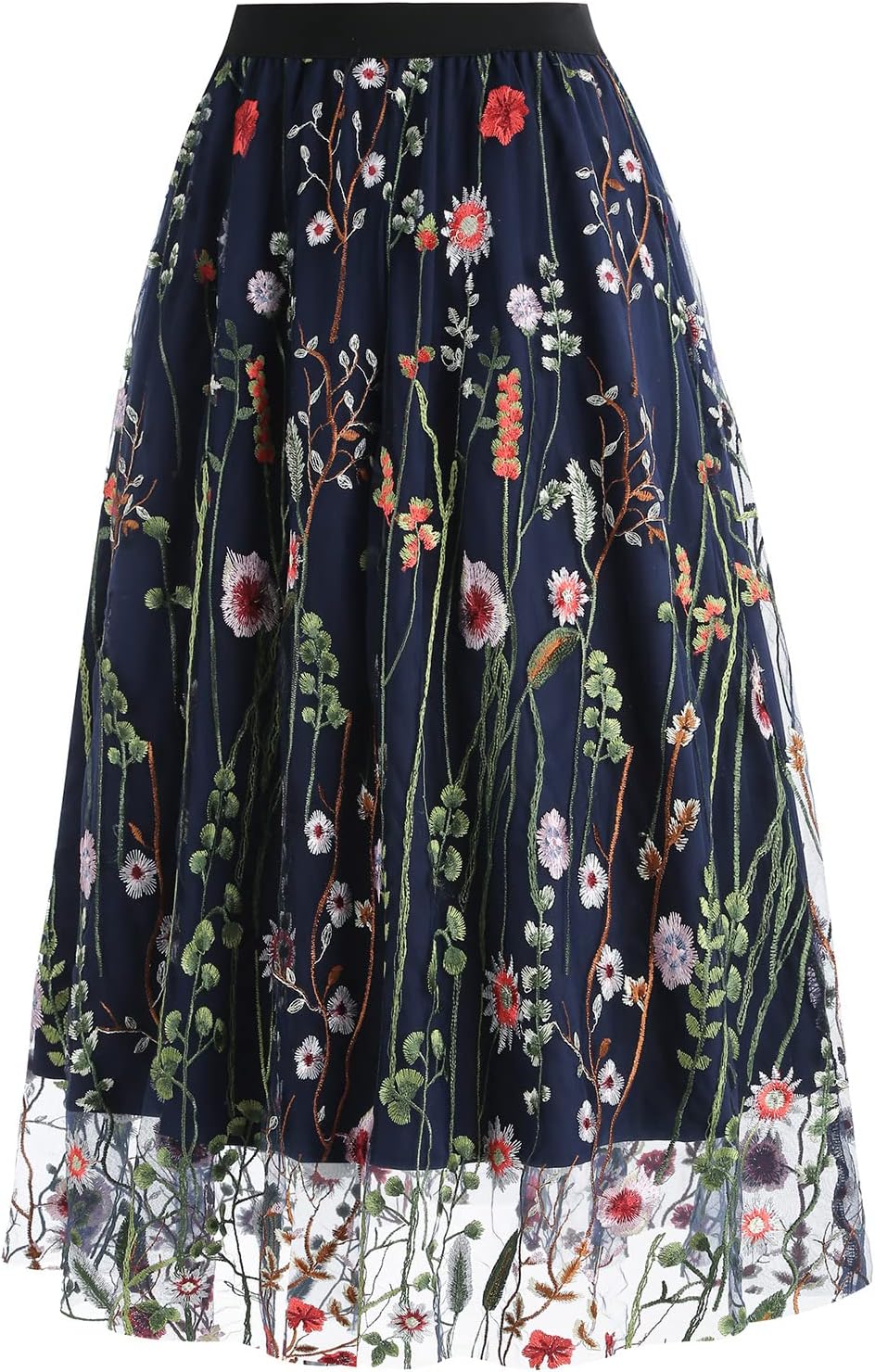 Women's Midi Length Skirt Layered Tulle A Line Skirts Embroidery/Floral Print Elastic Waist - Image 2