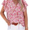 Women's Casual Floral Ruffle Short Sleeve Tops Cute Boho V Neck Loose Blouses Summer Fall Shirts