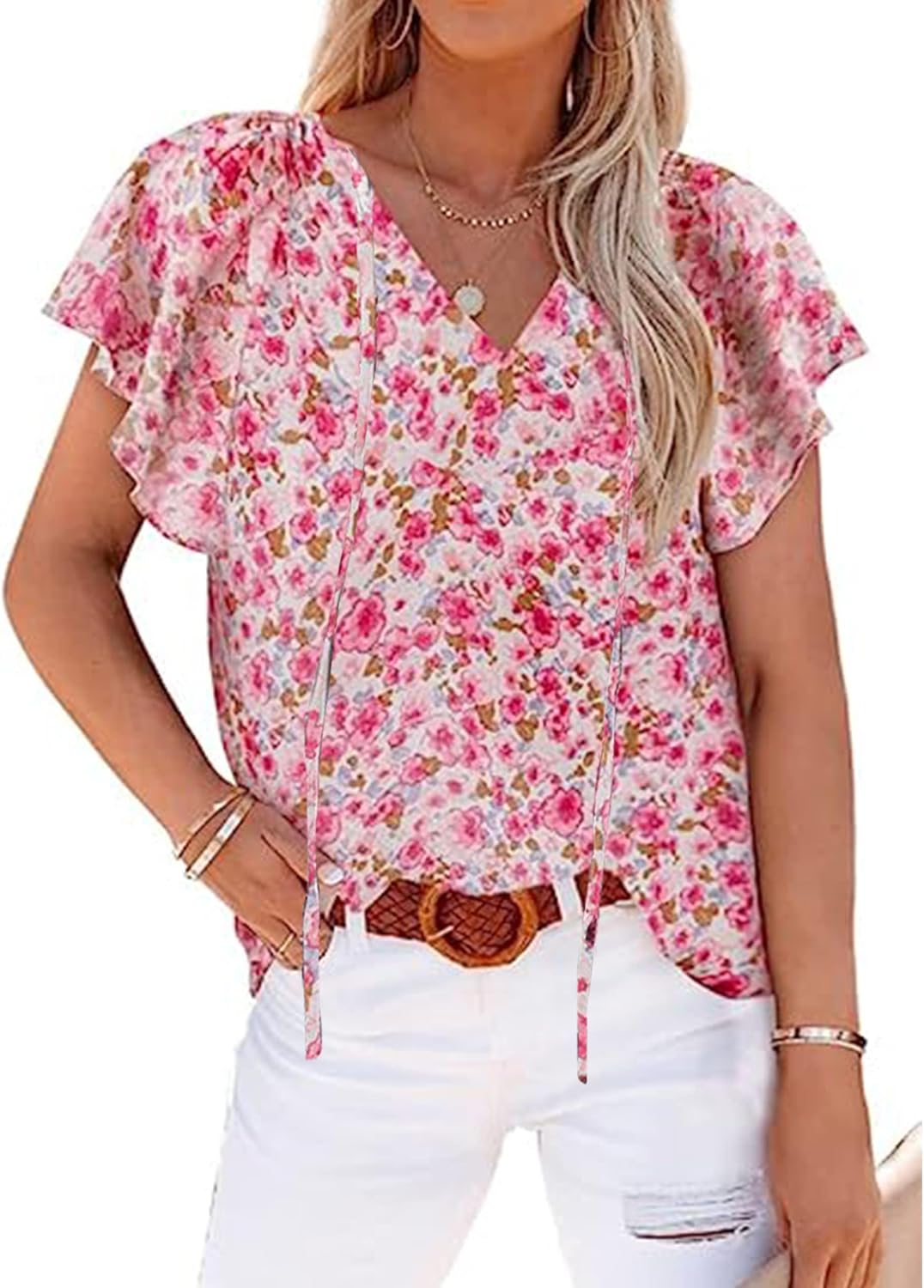 Women's Casual Floral Ruffle Short Sleeve Tops Cute Boho V Neck Loose Blouses Summer Fall Shirts