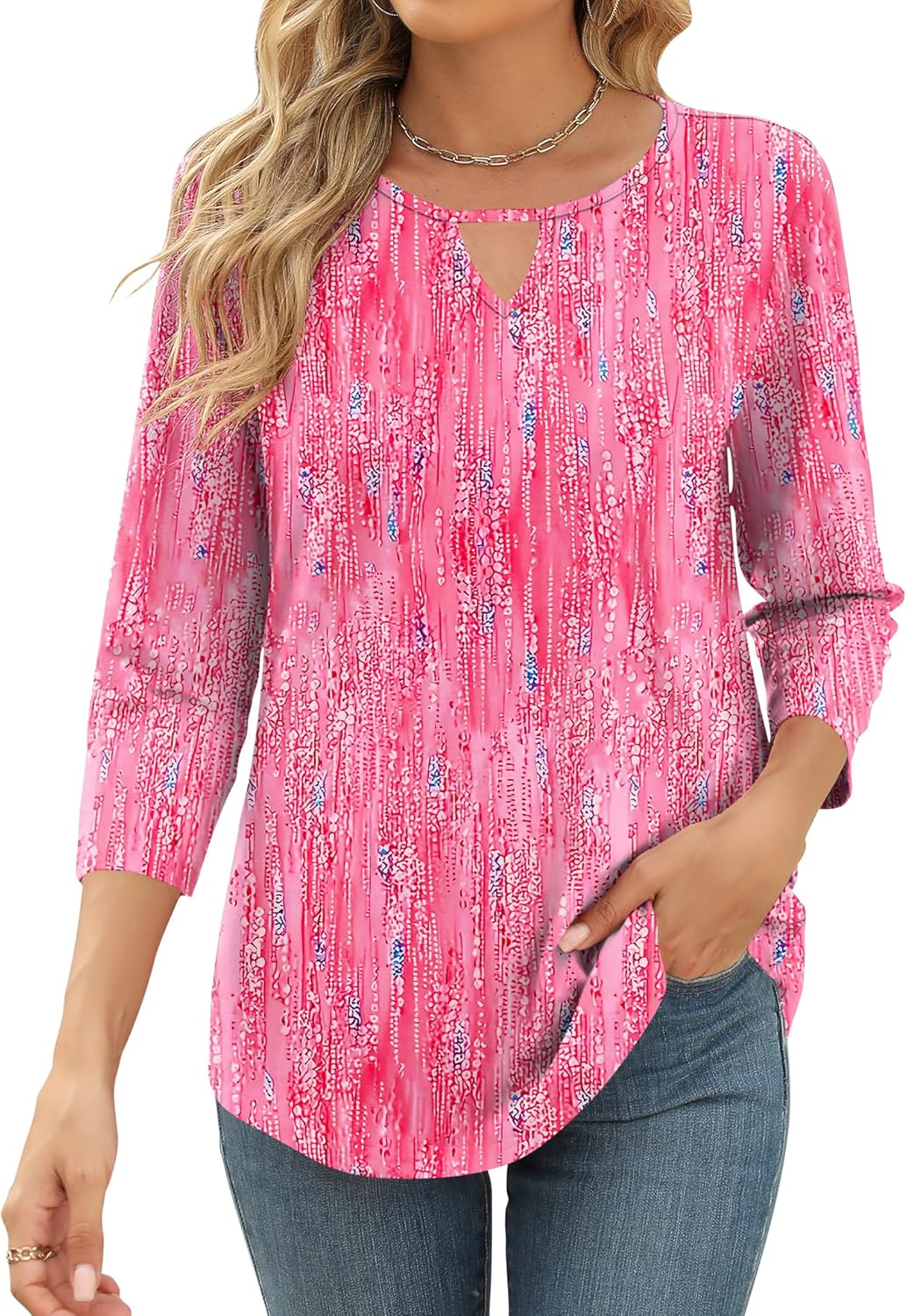 3/4 Length Sleeve Womens Tops Keyhole Crewneck Shirts Business Dressy Casual Tunic Blouses Summer Basic Tees