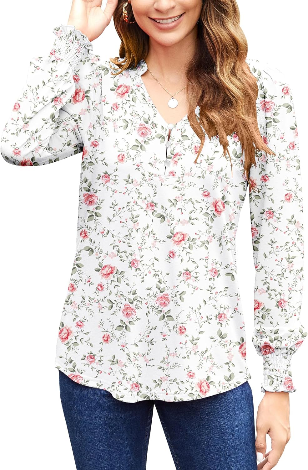 Womens Puff Long Sleeve Shirts V Neck Buttons Ruffled Blouses Fall Trendy Dressy Casual Tops (M-3XL)