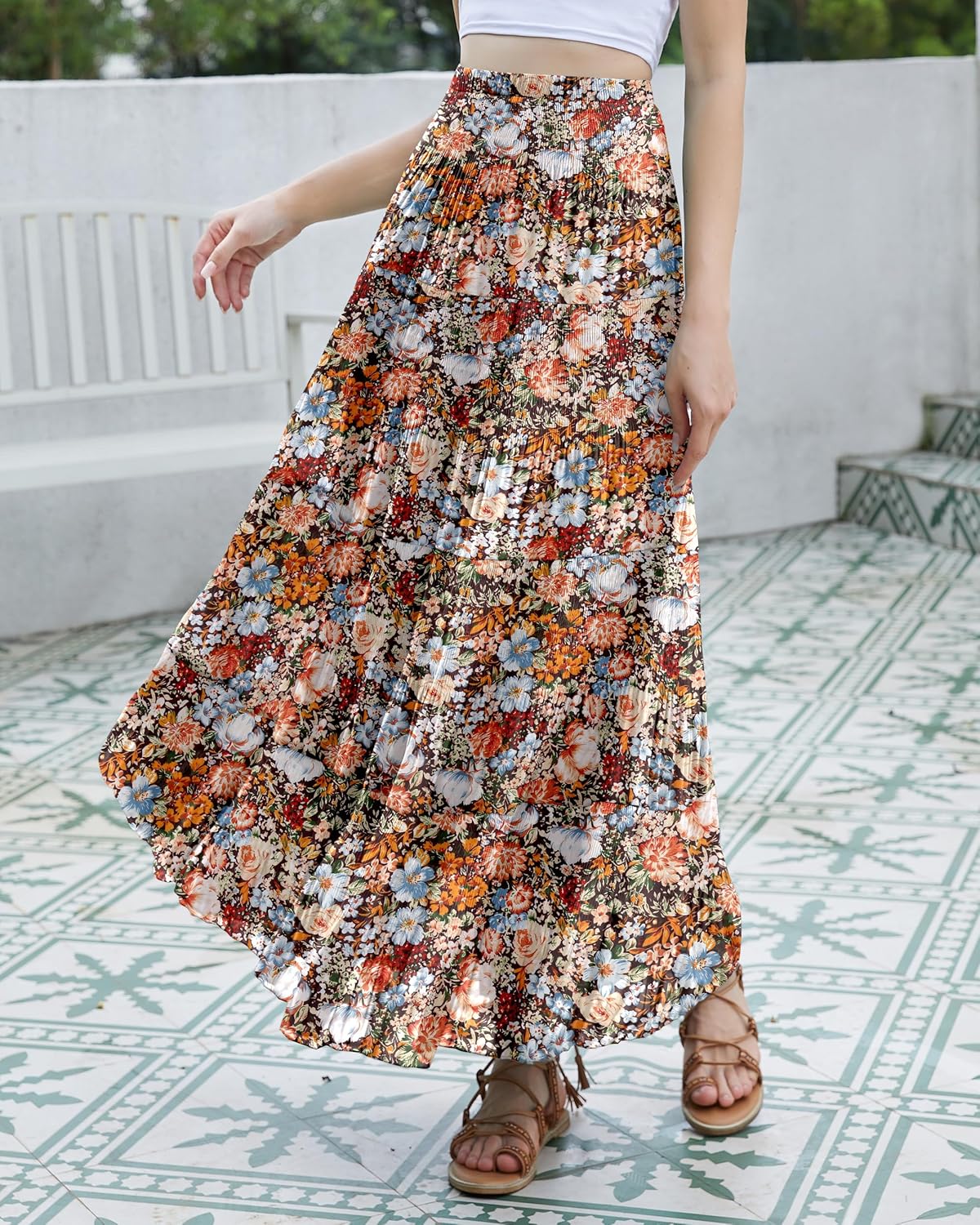 Women's Chiffon Elastic High Waist Tiered Pleated Floral Printed A-Line Boho Long Maxi Skirts - Image 2