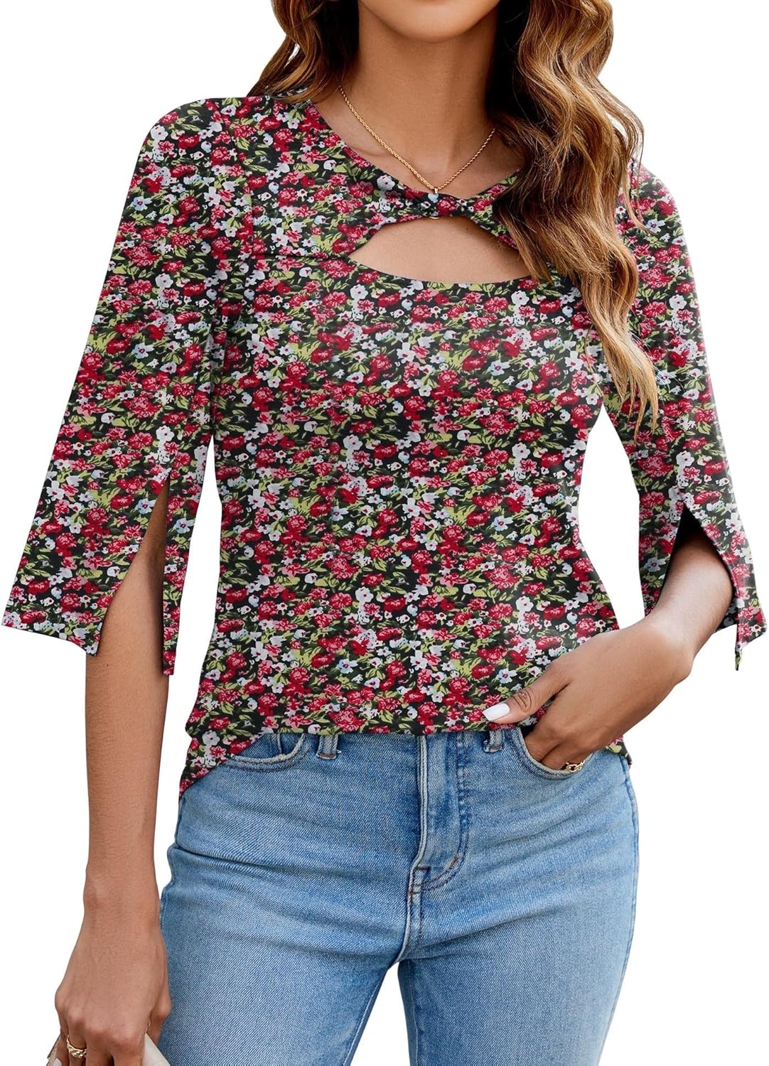 Women's 3/4 Sleeve Tops Dressy Casual Summer Cut Out Twist Knot Elegant Blouse Tunics