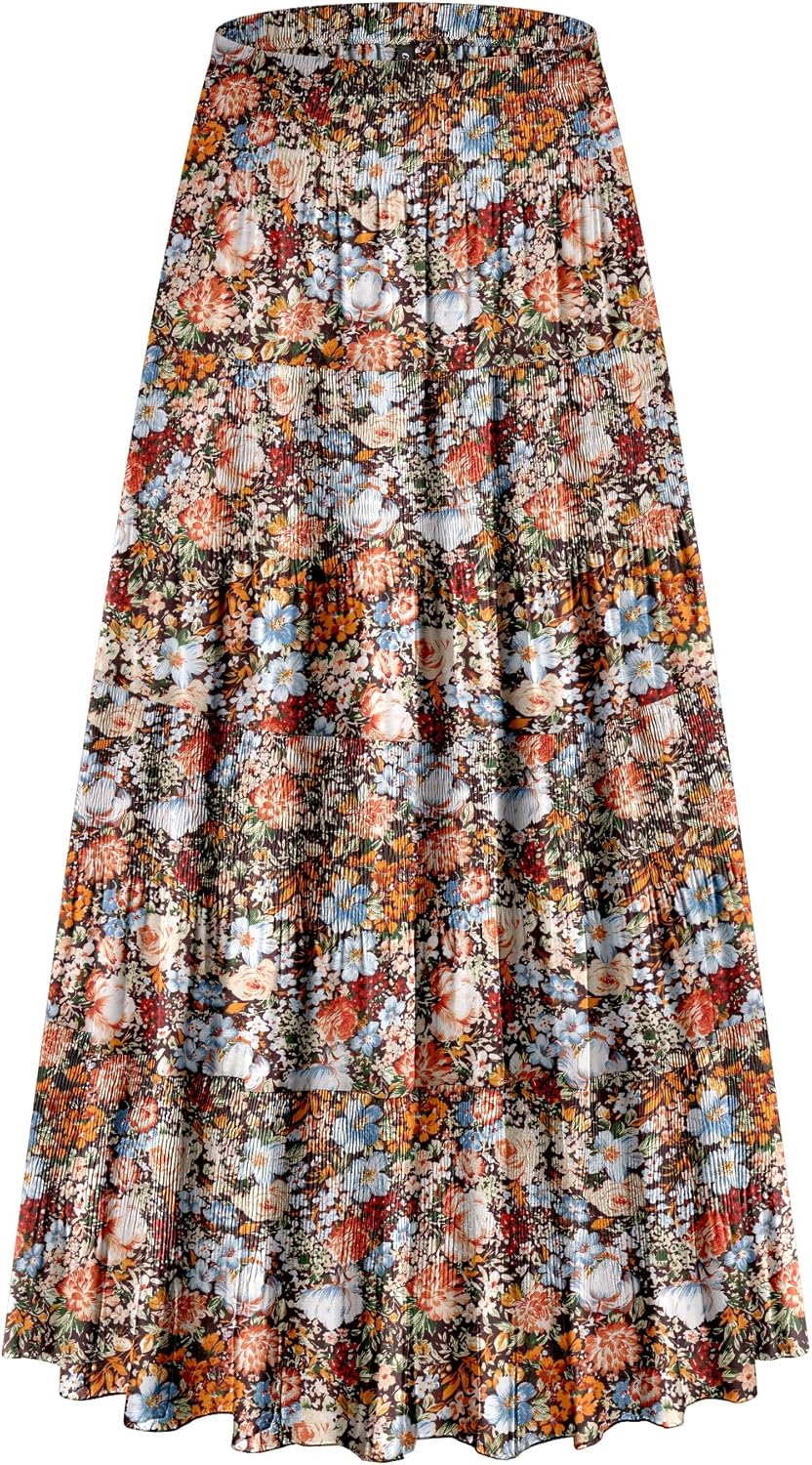 Women's Chiffon Elastic High Waist Tiered Pleated Floral Printed A-Line Boho Long Maxi Skirts